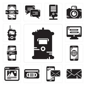 Set of Mailbox, Email, Smartphone, Vhs, Browser, Monitor, Walkie talkie icons Free Stock Illustration