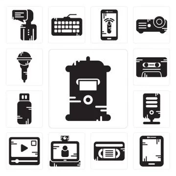 Set of Mailbox, Tablet, Vhs, Video call, player, Server, Pendrive, Cassette,  Free Stock Illustration