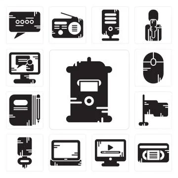 Set of Mailbox, Vhs, Video player, Laptop, Microphone, Flag, Book, Mouse, cal Illustrazione stock gratuita