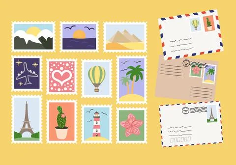Set of mails and postage stamps with world attractions, landscapes. Concept o Stockillustratie