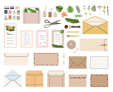 Set of mails, envelopes, letters, postcards, postage stamps and stationery. C Stock Illustration