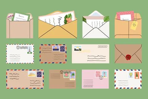 Set of mails, envelopes, letters, postcards, postage stamps. Concept of corre Stock Illustration