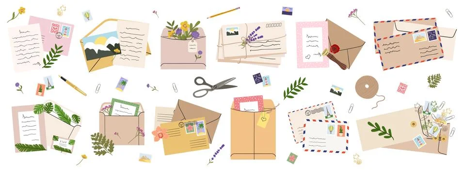 Set of mails, envelopes, letters, postcards, postage stamps and stationery. C Stock Illustration