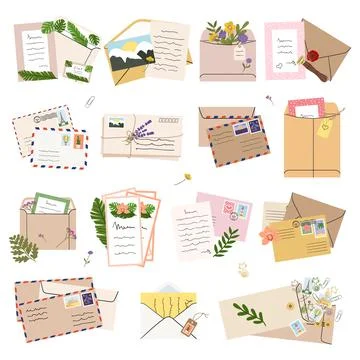 Set of mails, envelopes, letters, postcards, postage stamps and stationery. C Stock Illustration