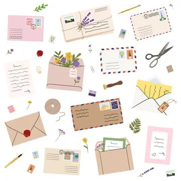 Set of mails, envelopes, letters, postcards, postage stamps and stationery. C Stock Illustration