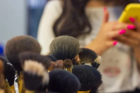Set of make up artists brushes on the table Stock Photos