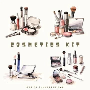 Set of make up brushes and cosmetics. Hand drawn vector illustration. 스톡 일러스트