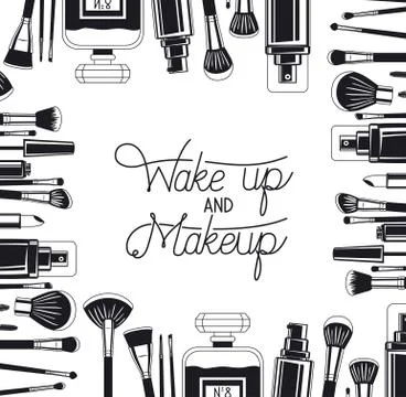 Set of make up brushes and products frame around Illustrazione stock