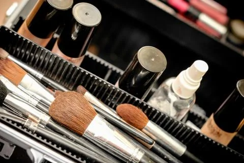 Set of make-up brushes in a black case Stock Photos