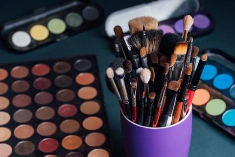 Set of makeup brushes on the background of a professional palette with eye Stock Photos