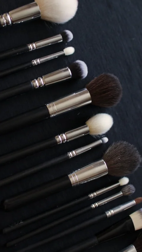 Set Of Makeup Brushes, Brushes For Cosmetics Of Different Sizes. Vertical video. Stock Footage 272587251