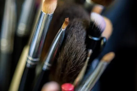 Set of makeup brushes in case close Foto stock