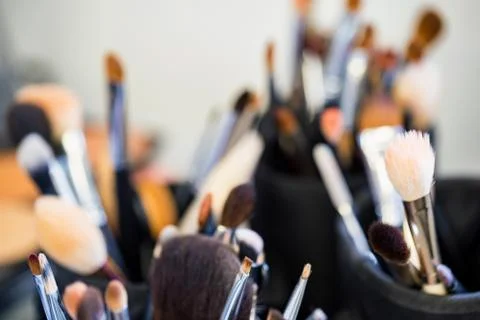 Set of makeup brushes standing in case close 写真素材