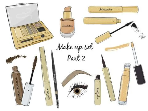 Set of makeup cosmetics products in handdrawn style. Vector illustration. Stock Illustration