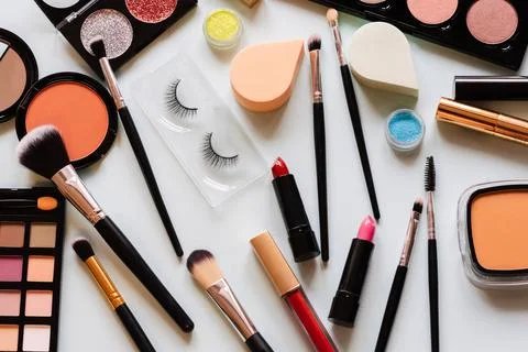 Set of makeup on light background. the view from the top. Stock Photos