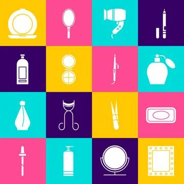 Set Makeup mirror with lights, Bar of soap, Perfume, Hair dryer, powder, Bottle Illustration