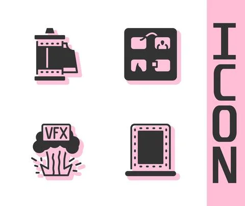 Set Makeup mirror with lights, Camera roll cartridge, VFX and Storyboard icon Stock Illustration