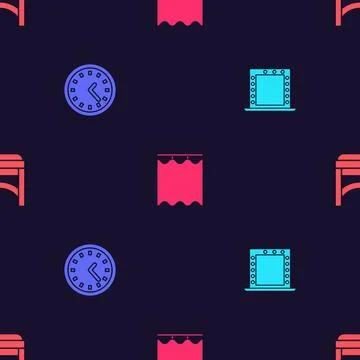 Set Makeup mirror with lights, Clock, Curtains and Chair on seamless pattern. Stock Illustration