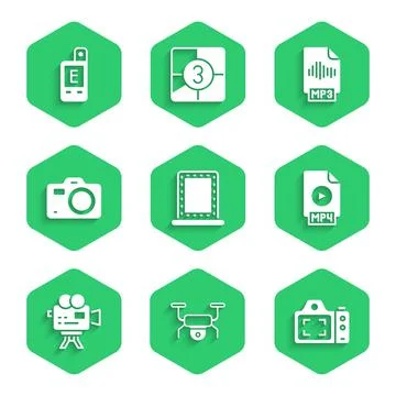 Set Makeup mirror with lights, Drone flying, Photo camera, MP4 file document Stock Illustration