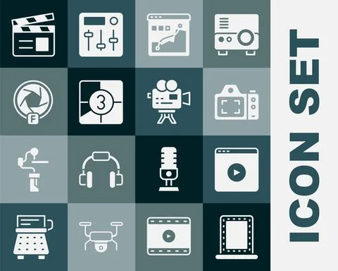 Set Makeup mirror with lights, Online play video, Photo camera, Histogram graph Stock Illustration
