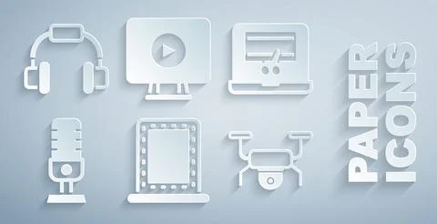 Set Makeup mirror with lights, Video recorder on laptop, Microphone, Drone Stock Illustration