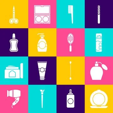 Set Makeup powder with mirror, Perfume, Shaving gel foam, Hairbrush, Bottle of Illustration