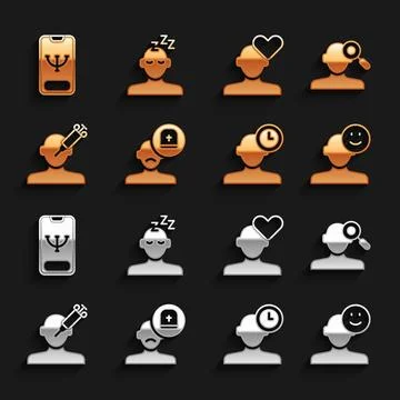 Set Male doctor, Finding problem in psychology, Good mood, Insomnia, Addiction Illustrazione stock