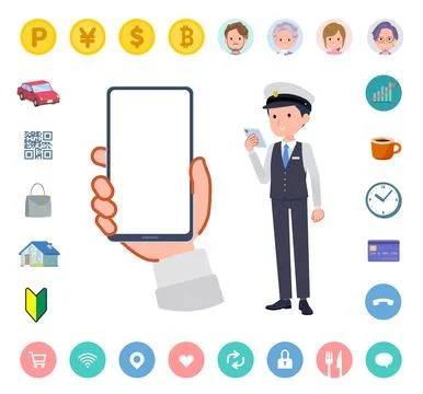 A set of Male driver looking at a smartphone screen Stock Illustration