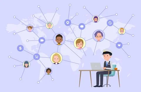 A set of Male driver operating a PC and transmitting information on social .. Illustrazione stock