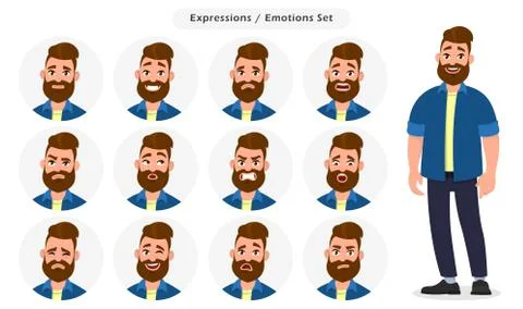 Set of male facial different expressions. Man emoji character with different. Stock Illustration