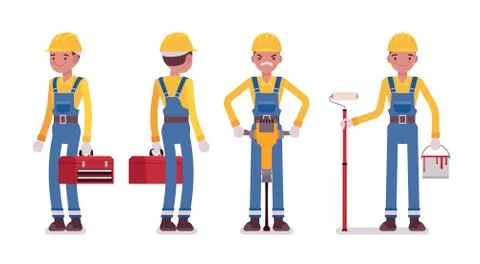 Set of male worker with tools, rear and front view Stock Illustration