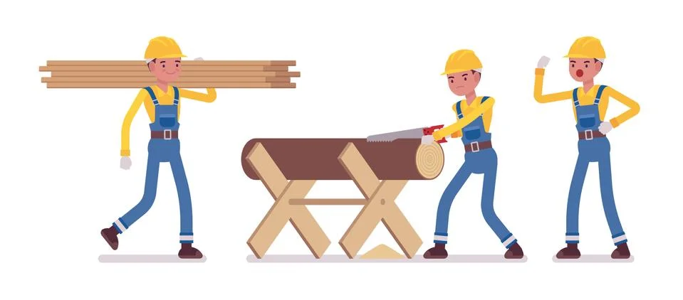 Set of male worker working with timber and wood cut Stock Illustration