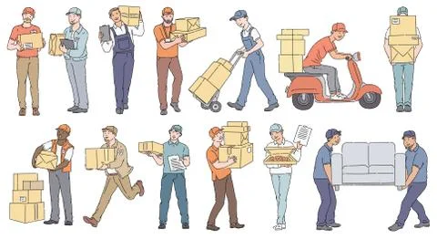 Set of male workers from different delivery and moving services sketch style Stock Illustration