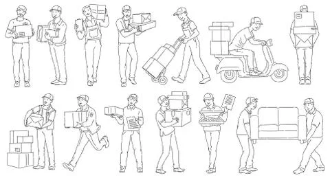 Set of male workers from different delivery services sketch outline style Stock Illustration