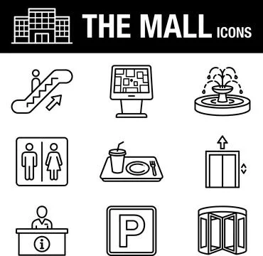 Set of Mall Icons Featuring Escalator, Restroom, Elevator, and Parking Sign. Stock Illustration
