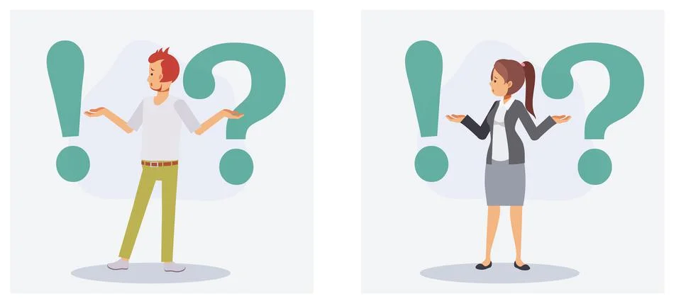 Set of man and woman is confusing, standing between exclamation marks and que Stock Illustration