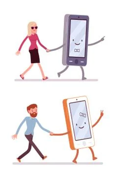 Set of man and woman walking with smartphone Stock Illustration