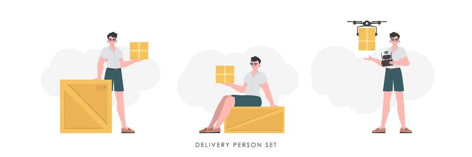 A set of a man with a box and a parcel. The concept of cargo delivery. Tren.. Stock Illustration