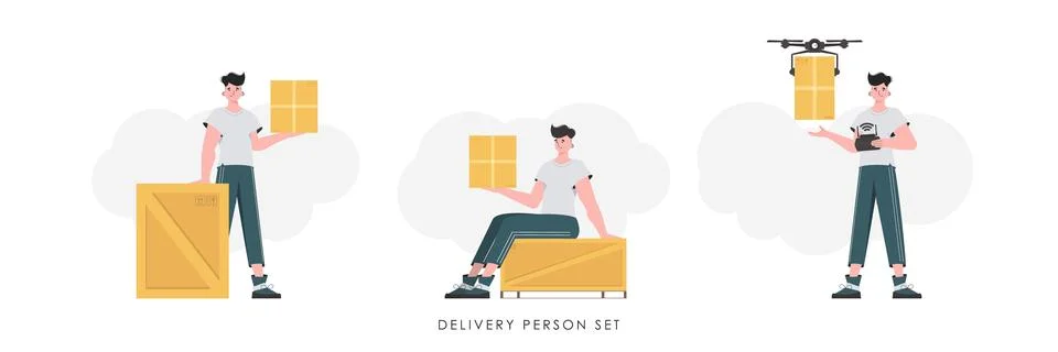 A set of a man with a box and a parcel. The concept of cargo delivery. Tren.. Stock Illustration