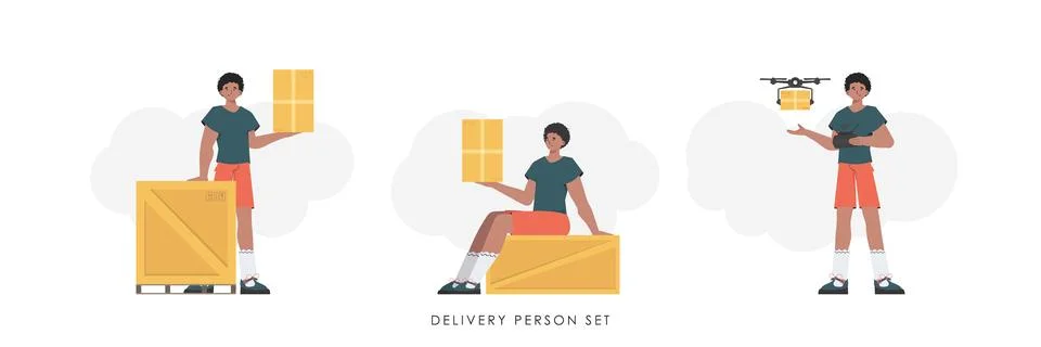 A set of a man with a box and a parcel. The concept of cargo delivery. Flat.. Stock Illustration