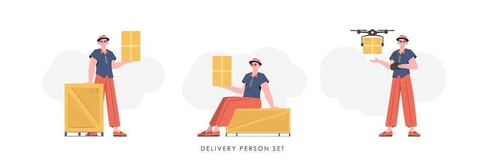 A set of a man with a box and a parcel. The concept of cargo delivery. Flat.. Illustrazione stock