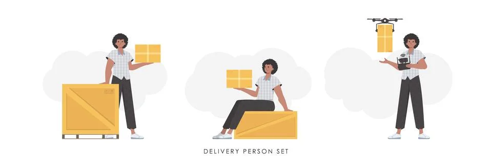 A set of a man with a box and a parcel. Delivery concept. trendy style. Vec.. 스톡 일러스트