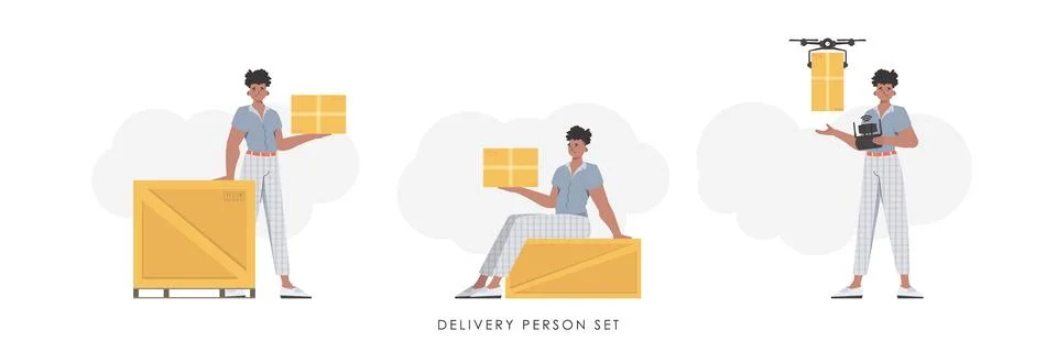 A set of a man with a box and a parcel. Delivery concept. trendy style. Vecto Stock Illustration