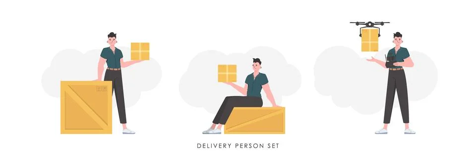 A set of a man with a box and a parcel. The concept of cargo delivery. tren.. Stock Illustration