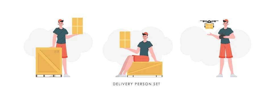 A set of a man with a box and a parcel. The concept of cargo delivery. tren.. 스톡 일러스트
