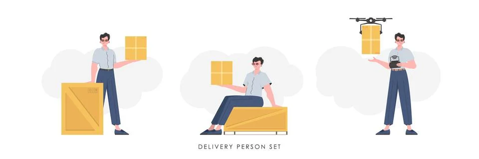 A set of a man with a box and a parcel. The concept of cargo delivery. Tren.. 스톡 일러스트