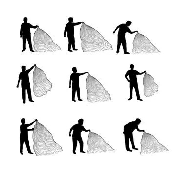Set of man casting a net vector silhouettes Illustrazione stock