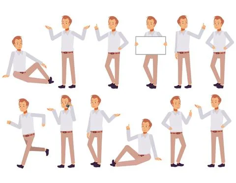 Set of a man in casual clothes in different poses.Vector illustration in a fl Illustrazione stock