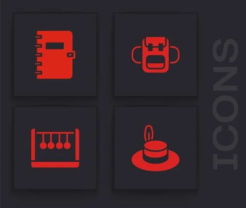 Set Man hat, Spiral notebook, School backpack and Pendulum icon. Vector イラスト素材