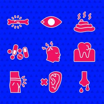 Set Man having headache, Deaf, Runny nose, Tooth with caries, Abdominal bloating Stock Illustration